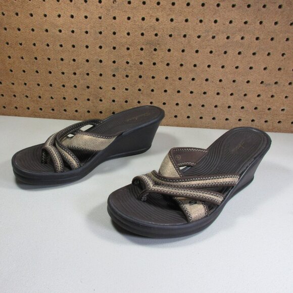 Skechers womens brown beige wedge loop toe slide sandals 8 M - Picture 1 of 6